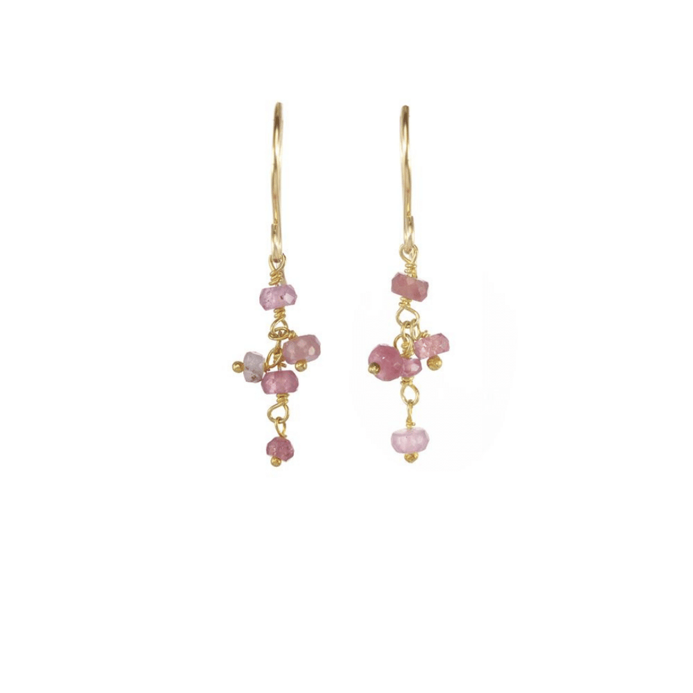 Short Gemstone Dangle Earrings | Catherine Weitzman Jewelry featuring delicate gold hooks with small pink gemstone beads arranged in a charming dangle style.