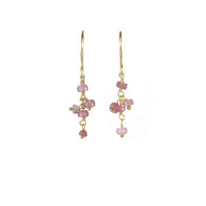 Short Gemstone Dangle Earrings | Catherine Weitzman Jewelry featuring delicate gold hooks with small pink gemstone beads arranged in a charming dangle style.