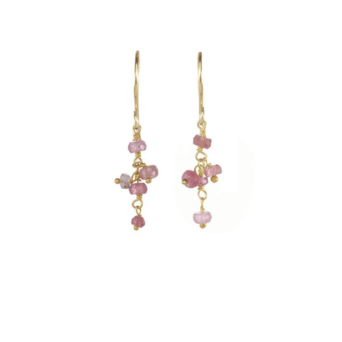 Short Gemstone Dangle Earrings | Catherine Weitzman Jewelry featuring delicate gold hooks with small pink gemstone beads arranged in a charming dangle style.