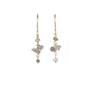 Short Gemstone Dangle Earrings | Catherine Weitzman Jewelry featuring delicate gold hooks and clusters of small blue and gray gemstone beads for an elegant and understated look.
