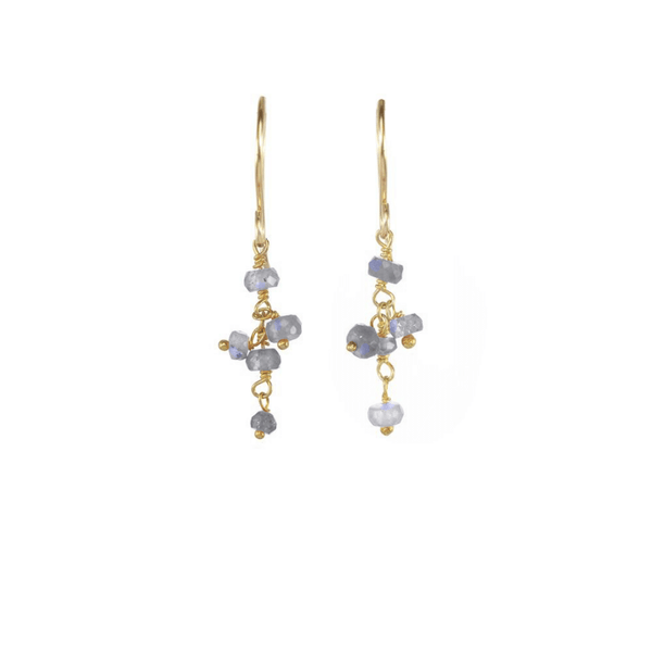 Short Gemstone Dangle Earrings | Catherine Weitzman Jewelry featuring delicate gold hooks and clusters of small blue and gray gemstone beads for an elegant and understated look.