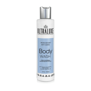 Bottle of MicroVenom Anti-Aging Body Wash | Ultraluxe Skincare featuring a sleek white design with silver cap, promoting nourishing, smoothing, and firming body care.