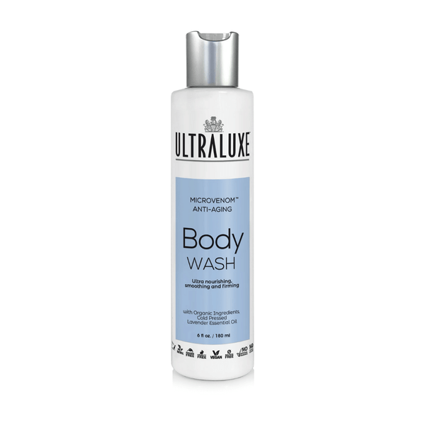 Bottle of MicroVenom Anti-Aging Body Wash | Ultraluxe Skincare featuring a sleek white design with silver cap, promoting nourishing, smoothing, and firming body care.