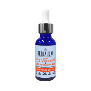 Blue dropper bottle of Anti-Aging 20% Ultra Vitamin C Serum | Ultraluxe Skincare featuring Vitamin C and Hyaluronic Acid for brightening and evening skin tone.