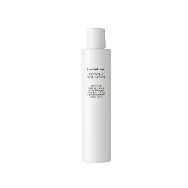 Bottle of Essential Micellar Water | [ comfort zone ] in simple white packaging, a skincare product designed for gentle cleansing and makeup removal.