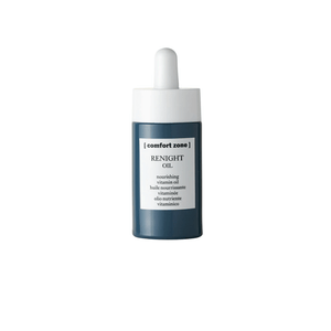 Bottle of Renight Oil | [ comfort zone ] nourishing vitamin oil for skincare with a white dropper cap and minimalist label on a blue container