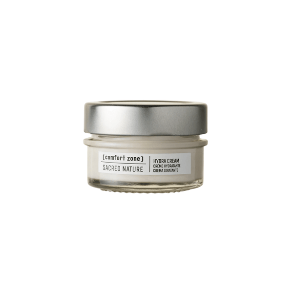 Small jar of Sacred Nature Hydra Cream | [ comfort zone ] with a silver lid, designed for skincare and hydration purposes.