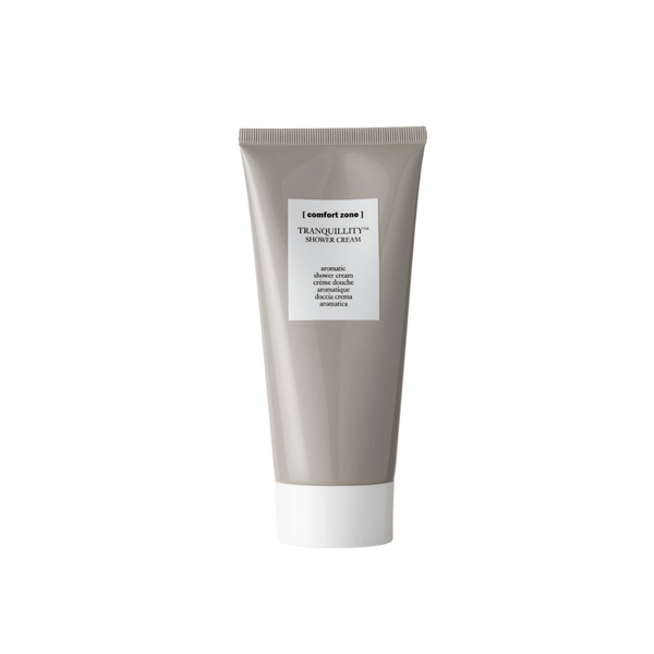 Tube of Tranquillity Shower Cream | [ comfort zone ] in neutral beige color with white cap, designed for skincare and body care wellness.
