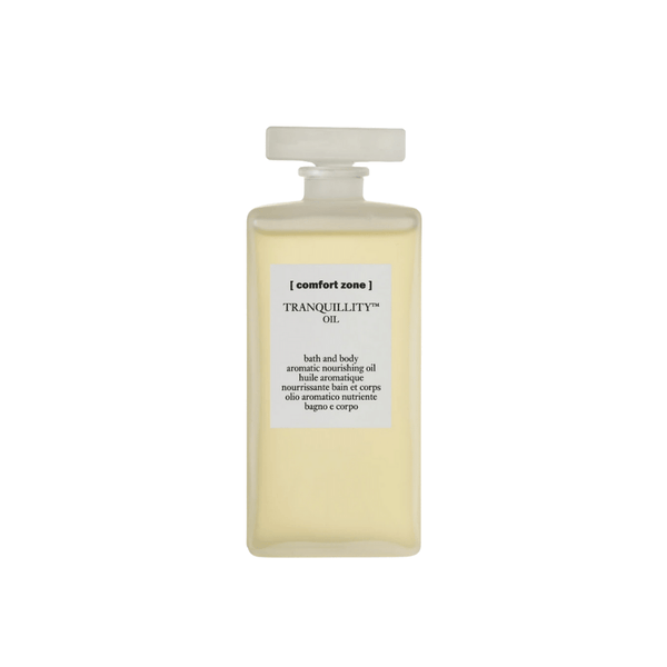 Minimalist bottle of Tranquillity Oil (Bath & Body) | [ comfort zone ], a nourishing aromatic oil for skincare and body care promoting wellness and relaxation.