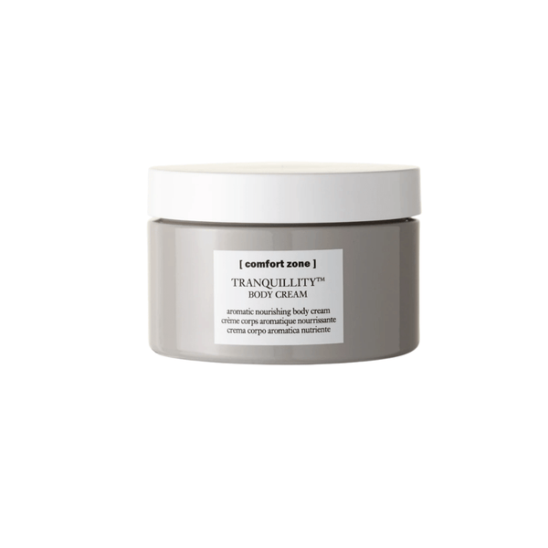 Jar of Tranquillity Body Cream | [ comfort zone ] with a white lid and minimalist label, designed for nourishing and aromatic skincare body care.