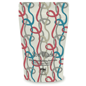 Sore Muscle Bubbling Bath Salts | Primal Elements in a standing pouch with colorful intertwined rope design, featuring eucalyptus, peppermint, and lavender essential oils for wellness and recovery.