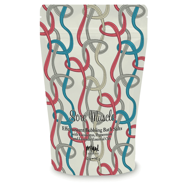 Sore Muscle Bubbling Bath Salts | Primal Elements in a standing pouch with colorful intertwined rope design, featuring eucalyptus, peppermint, and lavender essential oils for wellness and recovery.