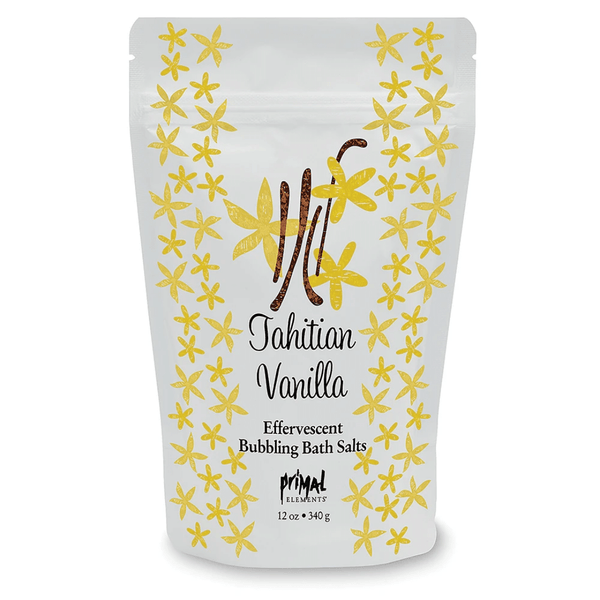 White resealable pouch with yellow floral design containing Tahitian Vanilla Bubbling Bath Salts | Primal Elements for a soothing skincare and wellness experience.