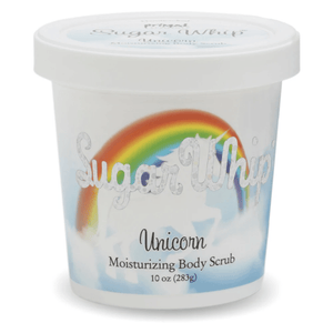 Unicorn Sugar Whip Body Scrub 10 oz | Primal Elements in a white container with a rainbow and unicorn design, providing moisturizing skincare for body care and wellness.
