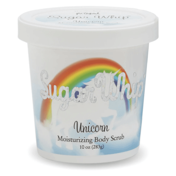 Unicorn Sugar Whip Body Scrub 10 oz | Primal Elements in a white container with a rainbow and unicorn design, providing moisturizing skincare for body care and wellness.