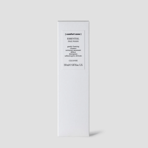 White rectangular box packaging of Essential Face Wash | [ comfort zone ] with minimalist black text describing the gentle foaming cleanser for skincare and cleansing.