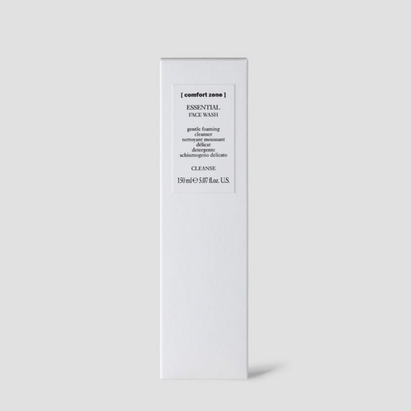 White rectangular box packaging of Essential Face Wash | [ comfort zone ] with minimalist black text describing the gentle foaming cleanser for skincare and cleansing.