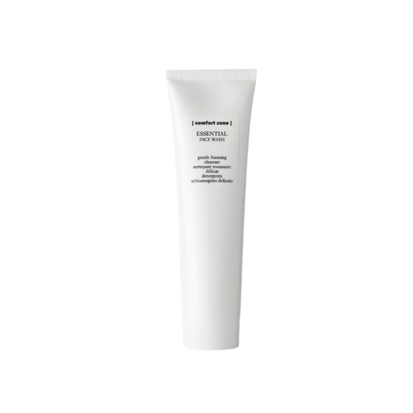 Tube of Essential Face Wash | [ comfort zone ] with simple white packaging, gentle foaming cleanser designed for skincare and body care routines.