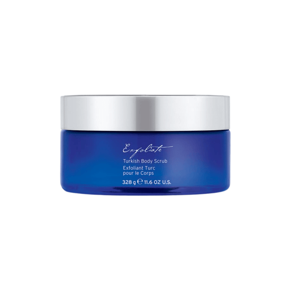 Blue jar of Turkish Body Scrub | Kerstin Florian with a silver lid, designed for skincare and body care, displayed on a white background.