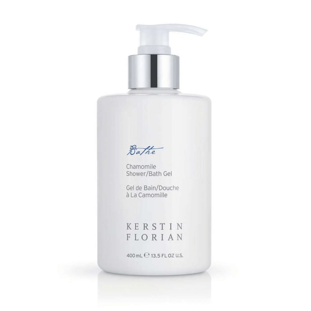 Bottle of Chamomile Shower/Bath Gel | Kerstin Florian with a white pump dispenser, designed for gentle skincare and body care.