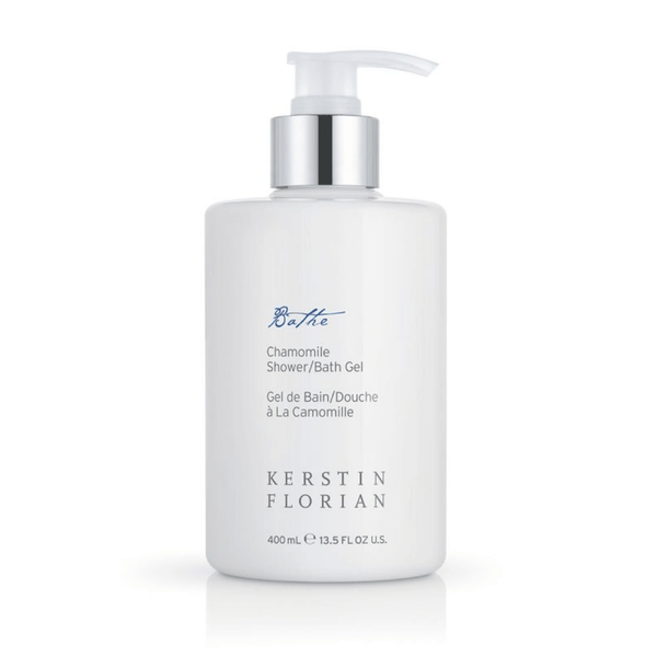 Bottle of Chamomile Shower/Bath Gel | Kerstin Florian with a white pump dispenser, designed for gentle skincare and body care.