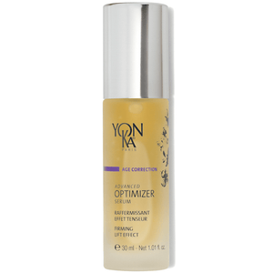 Bottle of Advanced Optimizer Serum – Anti-Aging, Firming Serum | Yon-Ka Paris, a skincare product with firming lift effect in a frosted glass bottle and silver cap.