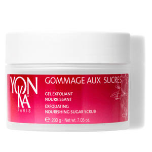 White jar with a red label featuring "Gommage Sucre Relax: Jasmine Sugar Scrub – Exfoliating, Nourishing Sugar Scrub I Yon-Ka Paris" for skincare and body care with jasmine floral design accents.