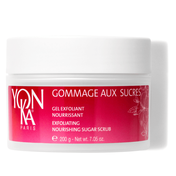 White jar with a red label featuring "Gommage Sucre Relax: Jasmine Sugar Scrub – Exfoliating, Nourishing Sugar Scrub I Yon-Ka Paris" for skincare and body care with jasmine floral design accents.