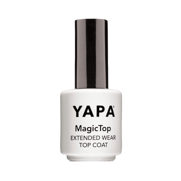 White bottle of MagicTop Topcoat | YAPA with black cap, designed for extended wear nail protection and glossy finish.