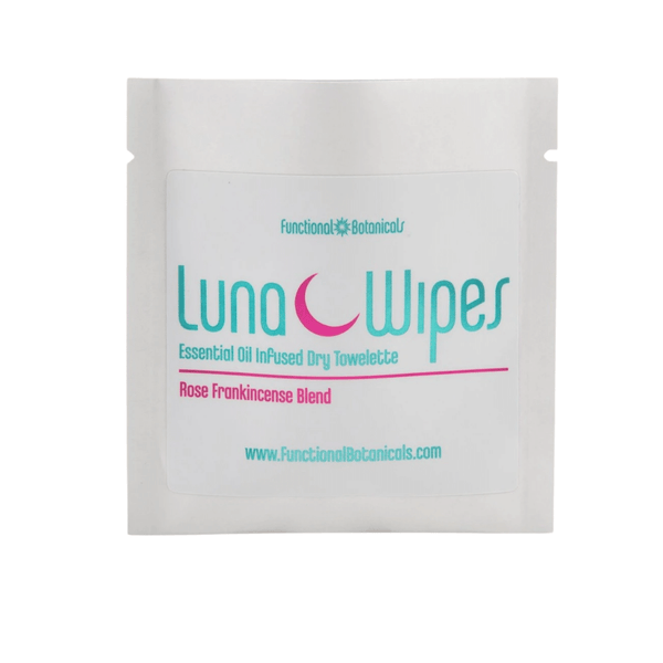 Luna Wipes - Single Sachet | Functional Botanicals featuring an essential oil infused dry towelette with rose frankincense blend for gentle skincare and wellness.
