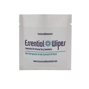 Essential Wipes - Single Sachet | Functional Botanicals package featuring essential oil infused dry towelette with a therapeutic grade essential oil blend for skincare and wellness.
