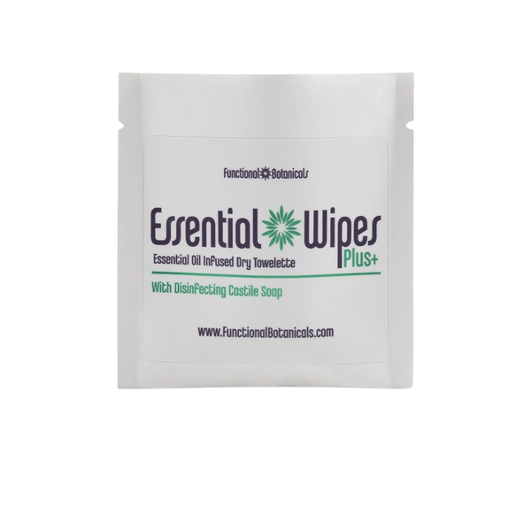 Essential Wipes Plus - Single Sachet | Functional Botanicals featuring an essential oil infused dry towelette with disinfecting Castile soap for skincare and body care wellness.