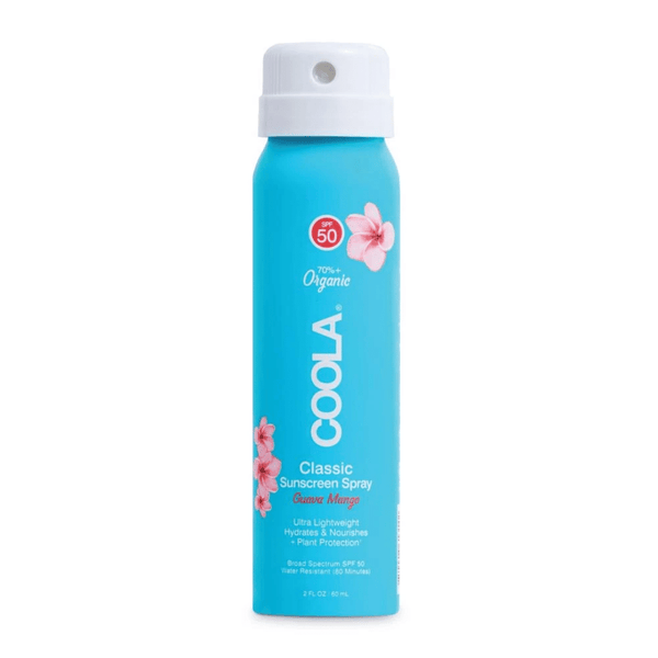 Classic Body Organic Sunscreen Spray SPF 50 (Travel Size) - Guava Mango | COOLA in a blue bottle with pink flower design, providing lightweight skincare and sun protection.