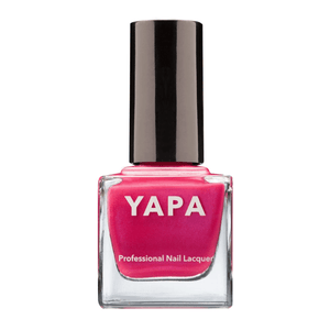 Bottle of Holly Nail Lacquer | YAPA in a vibrant pink shade with a black cap, featuring a professional nail lacquer label on the clear glass container.