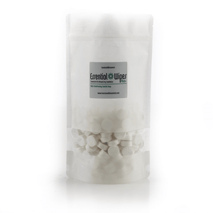 Clear resealable pouch filled with white compressed tablets labeled Essential Wipes Plus PRO Pak - 350 qty | Functional Botanicals for skincare and body care use.