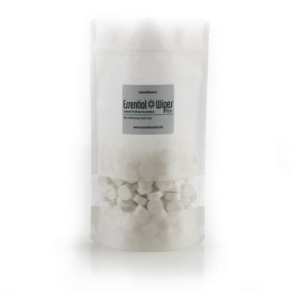 Clear resealable pouch filled with white compressed tablets labeled Essential Wipes Plus PRO Pak - 350 qty | Functional Botanicals for skincare and body care use.