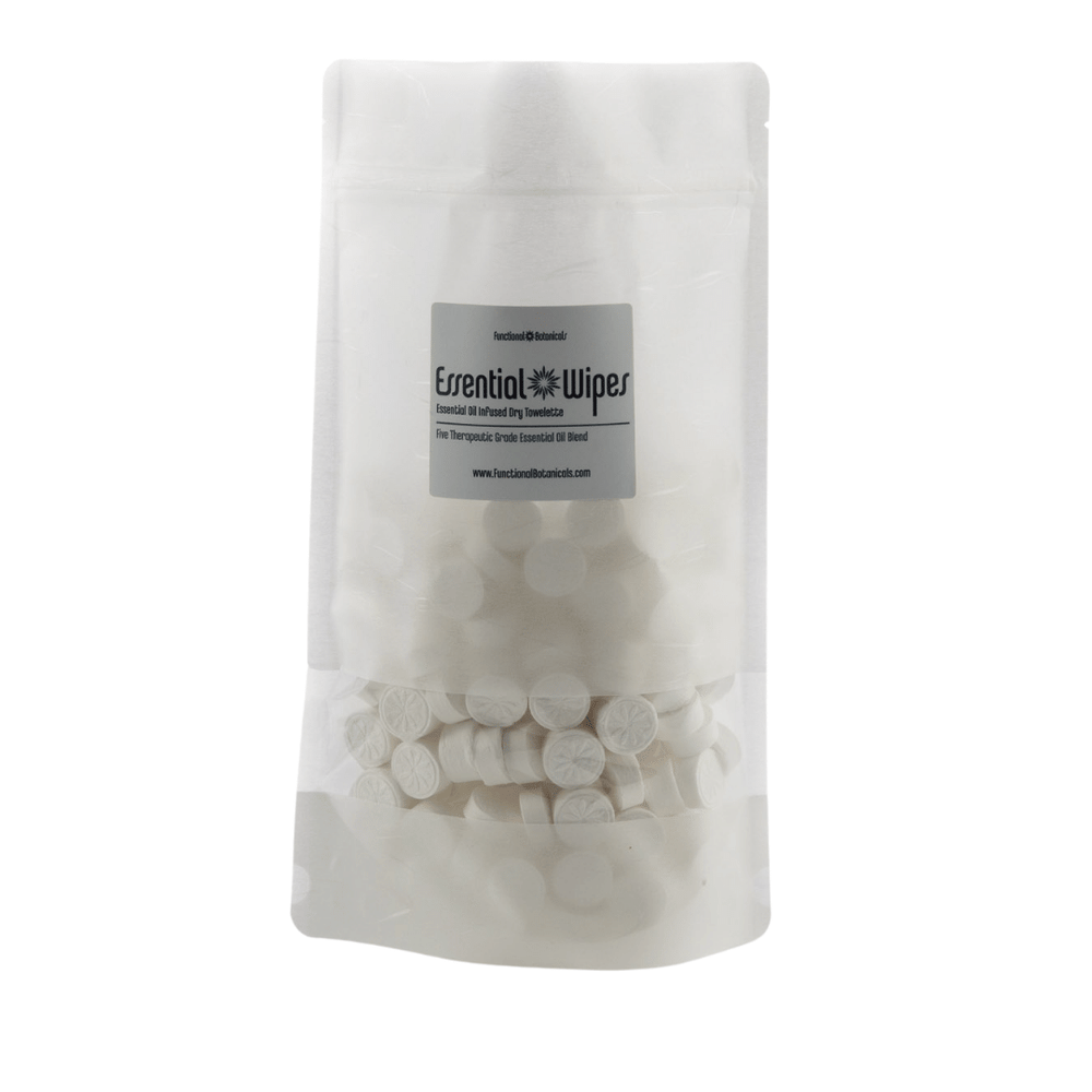 Clear resealable bag containing multiple white compressed Essential Wipes PRO Pak - 350 qty | Functional Botanicals tablets for skincare and body care purposes.