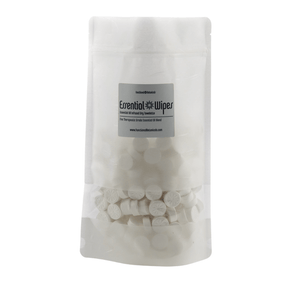 Essential Wipes PRO Pak - 350 qty | Functional Botanicals package showing white compressed towels in a clear resealable pouch for convenient skincare and body care use.