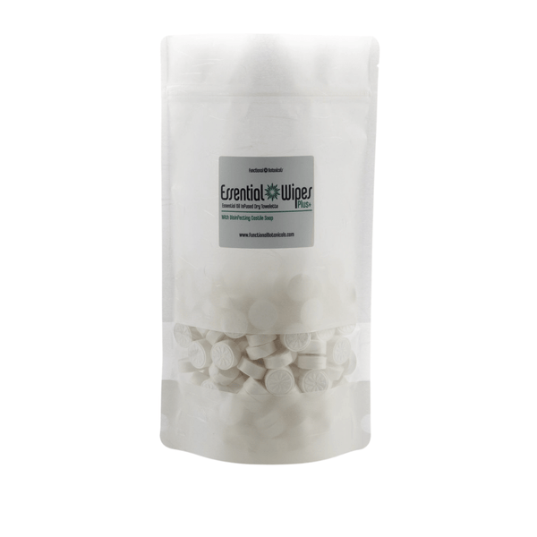 Clear resealable pouch of white round Essential Wipes Plus PRO Pak - 350 qty | Functional Botanicals with visible embossed tabs inside for skincare and wellness use.