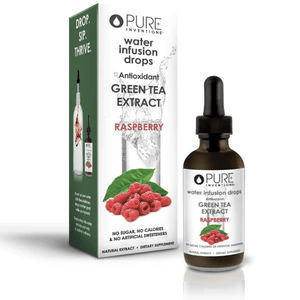 Bottle and box packaging of Antioxidant Green Tea Extract Water Infusion Drops - Raspberry | Pure Inventions featuring raspberries and green tea leaves emphasizing natural wellness and dietary supplement benefits.