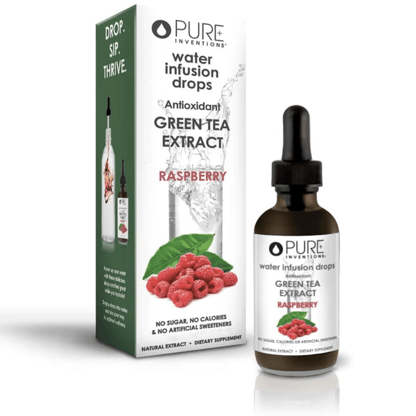 Bottle and box packaging of Antioxidant Green Tea Extract Water Infusion Drops - Raspberry | Pure Inventions featuring raspberries and green tea leaves emphasizing natural wellness and dietary supplement benefits.