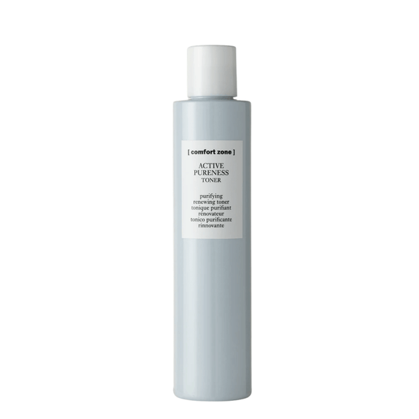 Bottle of Active Pureness Toner | [ comfort zone ] in light gray packaging, designed for skincare and purifying the skin gently.