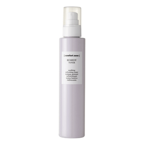 Bottle of Remedy Toner | [ comfort zone ] with a pale lavender color and a white pump dispenser, designed for soothing and refreshing skincare routines.