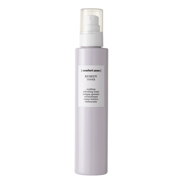 Bottle of Remedy Toner | [ comfort zone ] with a pale lavender color and a white pump dispenser, designed for soothing and refreshing skincare routines.