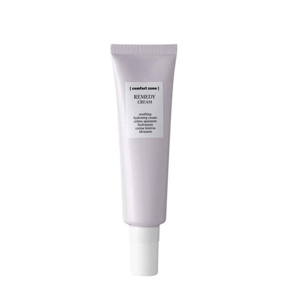 Minimalist tube of Remedy Cream | [ comfort zone ] with soothing hydrating anti-stress skincare formula, displayed on white background for wellness and body care.