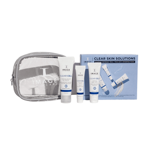 CLEAR SKIN SOLUTIONS Blemish Defense Trio | IMAGE Skincare set includes skincare products and a transparent pouch, designed for blemish control and clear skin maintenance.