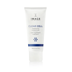 Tube of CLEAR CELL mattifying moisturizer | IMAGE Skincare with white packaging and blue accents, designed for skincare and oil control benefits.
