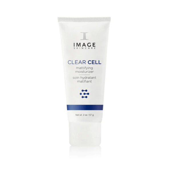 Tube of CLEAR CELL mattifying moisturizer | IMAGE Skincare with white packaging and blue accents, designed for skincare and oil control benefits.