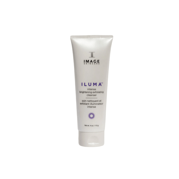 Tube of ILUMA intense brightening exfoliating cleanser | IMAGE Skincare with white packaging and purple text, designed for skincare and body care routines.
