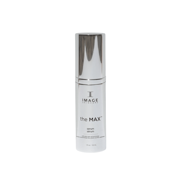 Silver and white bottle of the MAX™ serum | IMAGE Skincare featuring a sleek, modern design for advanced skincare and wellness.